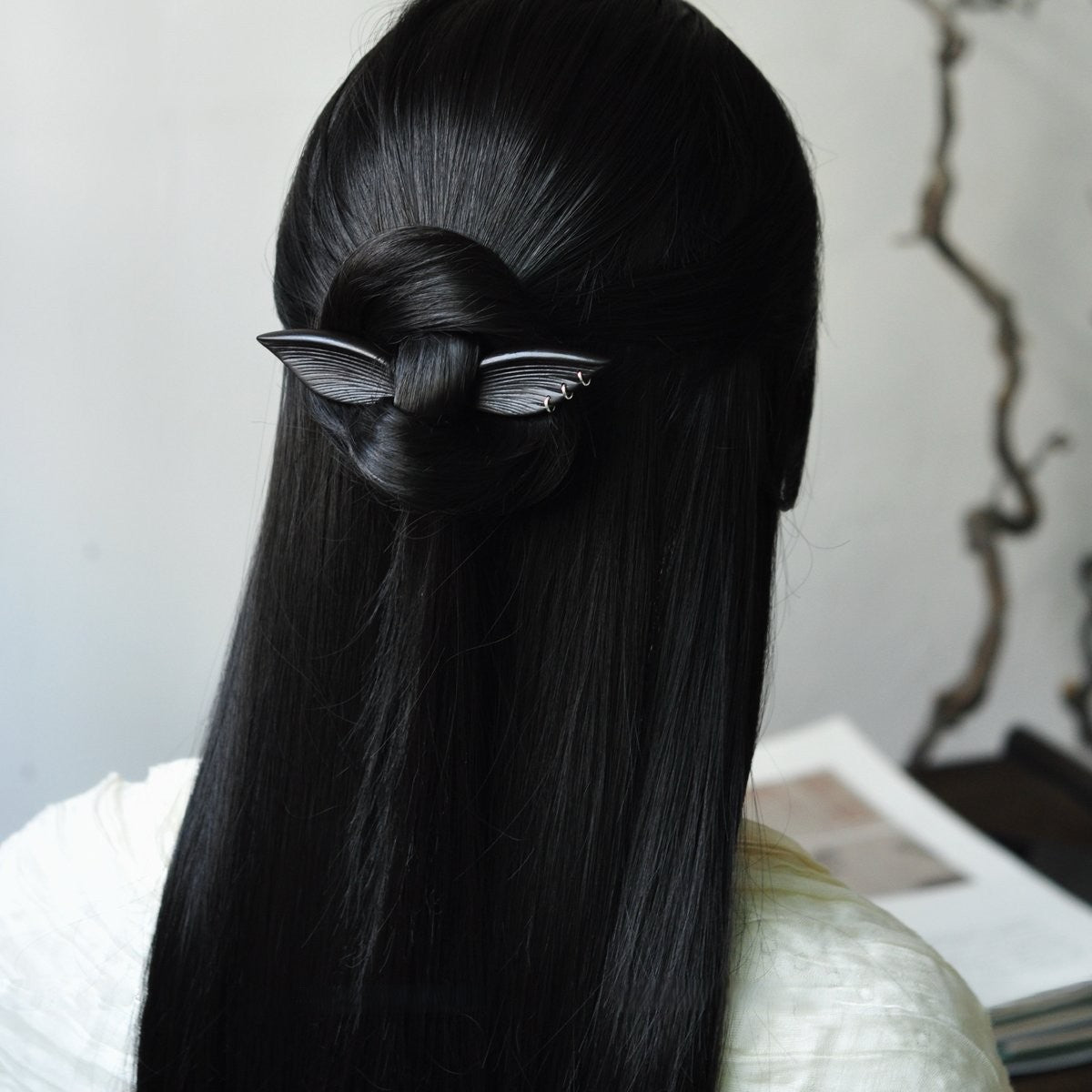 Natural African Blackwood Hair Stick - Mysterious Wings 13cm #玄之翼