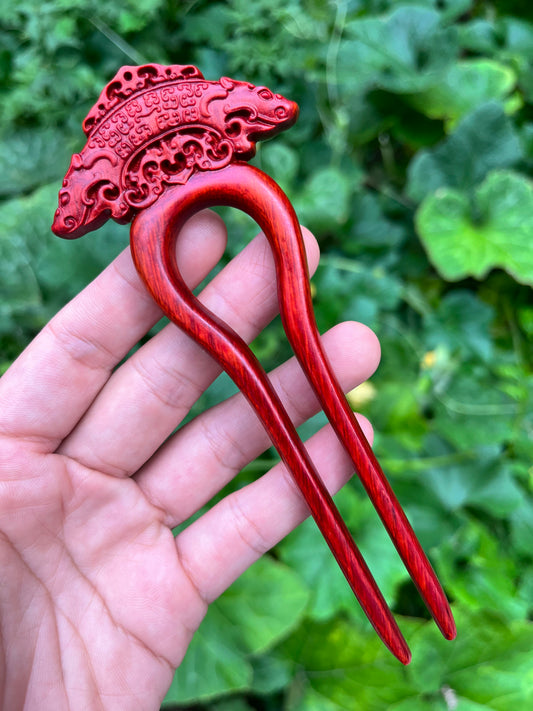Natural Rosewood Hair Stick Set - 15cm U Shape Hairpin with Floral Designs (招财貔貅)