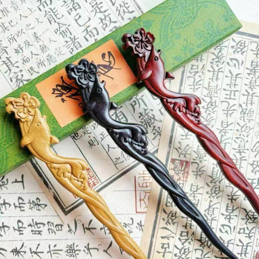 Natural Wooden Hair Stick Set - 20cm Big Fish & Begonia Design (大鱼海棠)