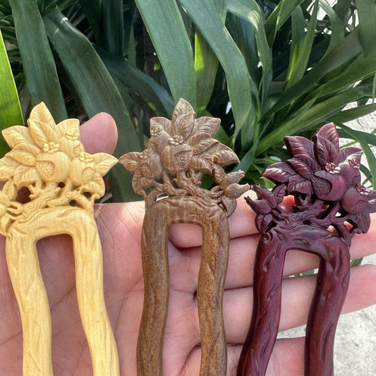 Natural Wooden Hair Stick Set - 17cm U Shape Pomegranate Hairpin (石榴花U簪)