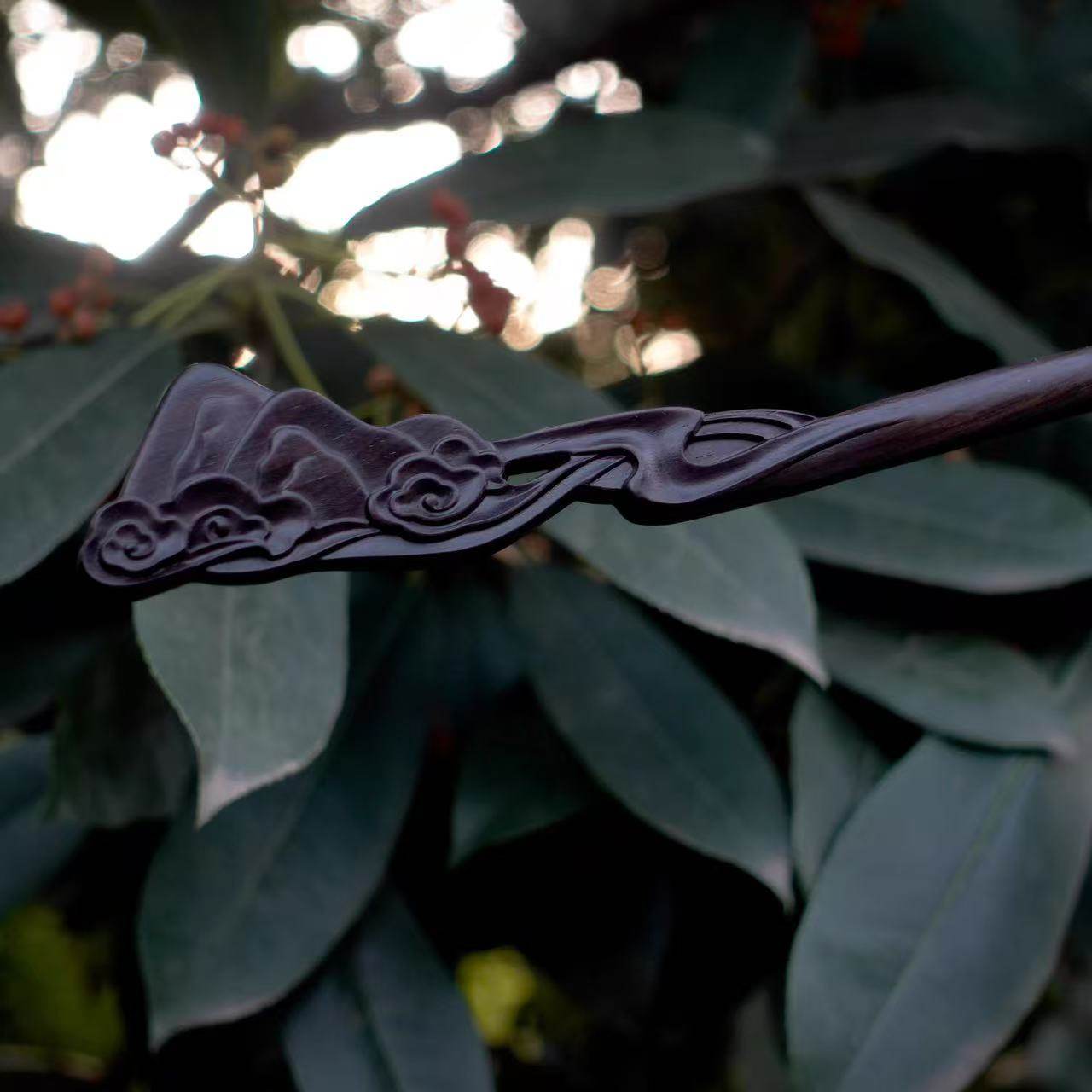 Natural African Blackwood Hair Stick - 20cm Landscape Design Hairpin Smooth Finish (山水图)