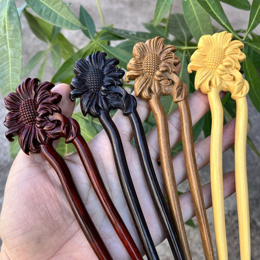 Natural Wooden Hair Stick Set - 17cm U Shape Sunflower Hairpin (向日葵)