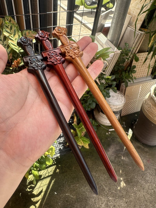 Natural Wooden Sword Hair Stick Set - 20cm Hairpin (莲花剑簪)