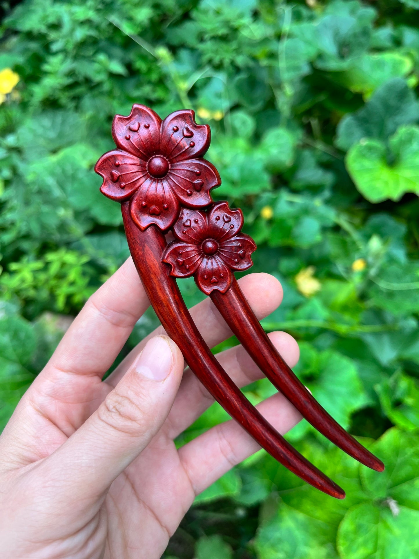 Natural Rosewood Hair Stick Set - 15cm U Shape Hairpin with Floral Designs (招财貔貅)