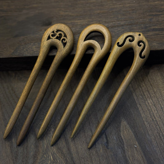 Natural Green Sandalwood U-Shaped Hair Sticks Set - 13-15cm Length #绿檀u钗合集