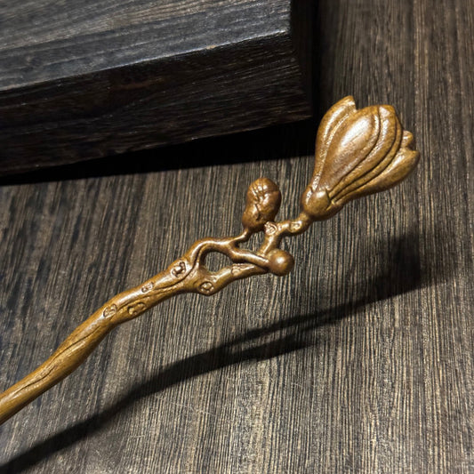 Natural Lacewood Hair Stick - Magnolia Flower Design 18cm #玉兰花