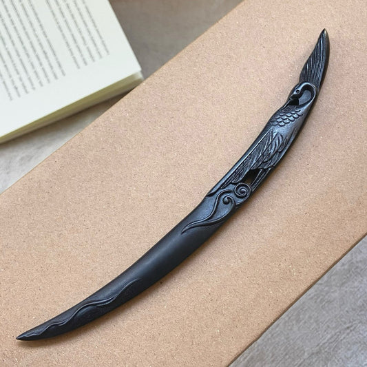 Natural African Blackwood Hair Stick - Crane and Moon Design 18cm #鹤语松上月