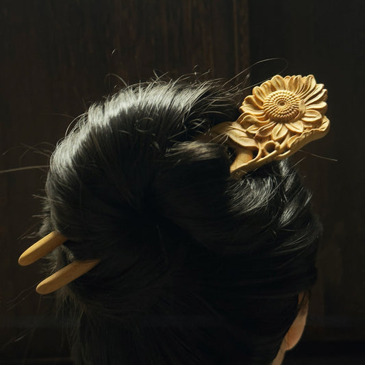 Natural Peach Wood Hair Stick - Sunflower Design Hairpin #向阳花