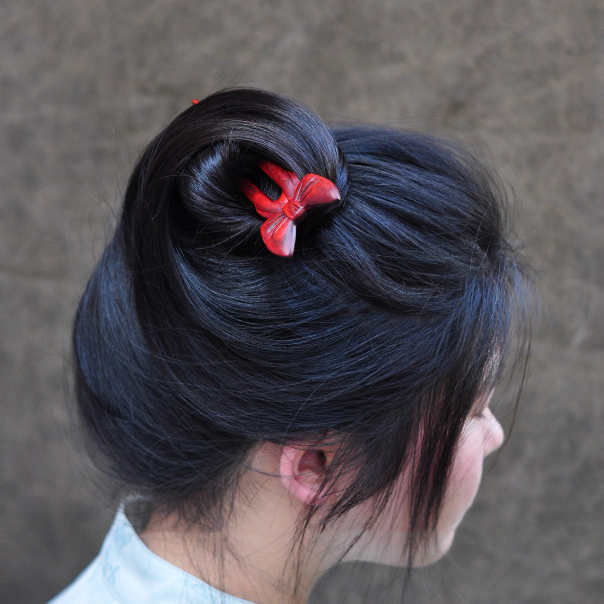 Natural Rosewood Hair Stick - Red Butterfly Bow Design Hairpin #红蝶