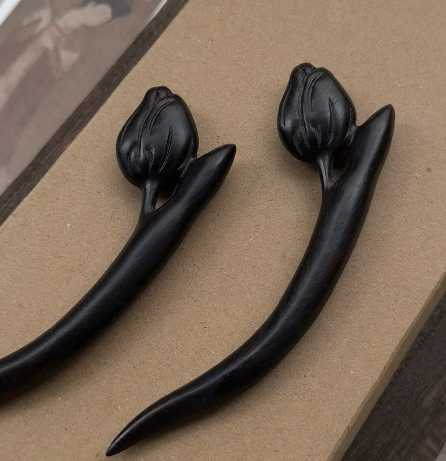 Natural African Blackwood Hair Stick - Tulip Flower Design 12cm #郁金香