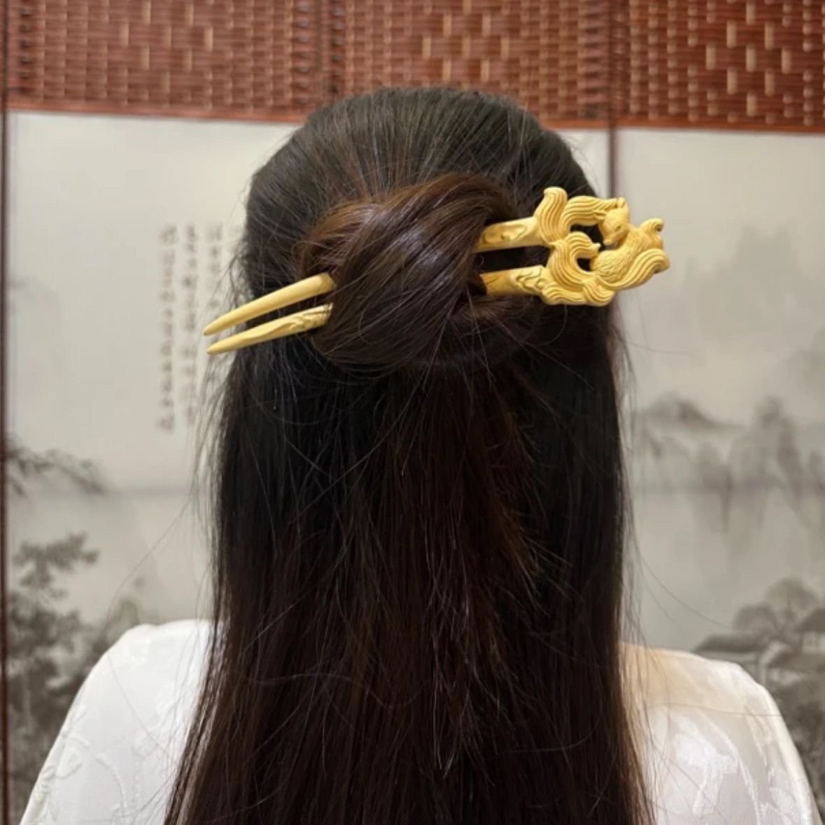 Natural Wooden Hair Stick Set - 17cm U Shape Little Fox Hairpin (九尾狐小狐狸)