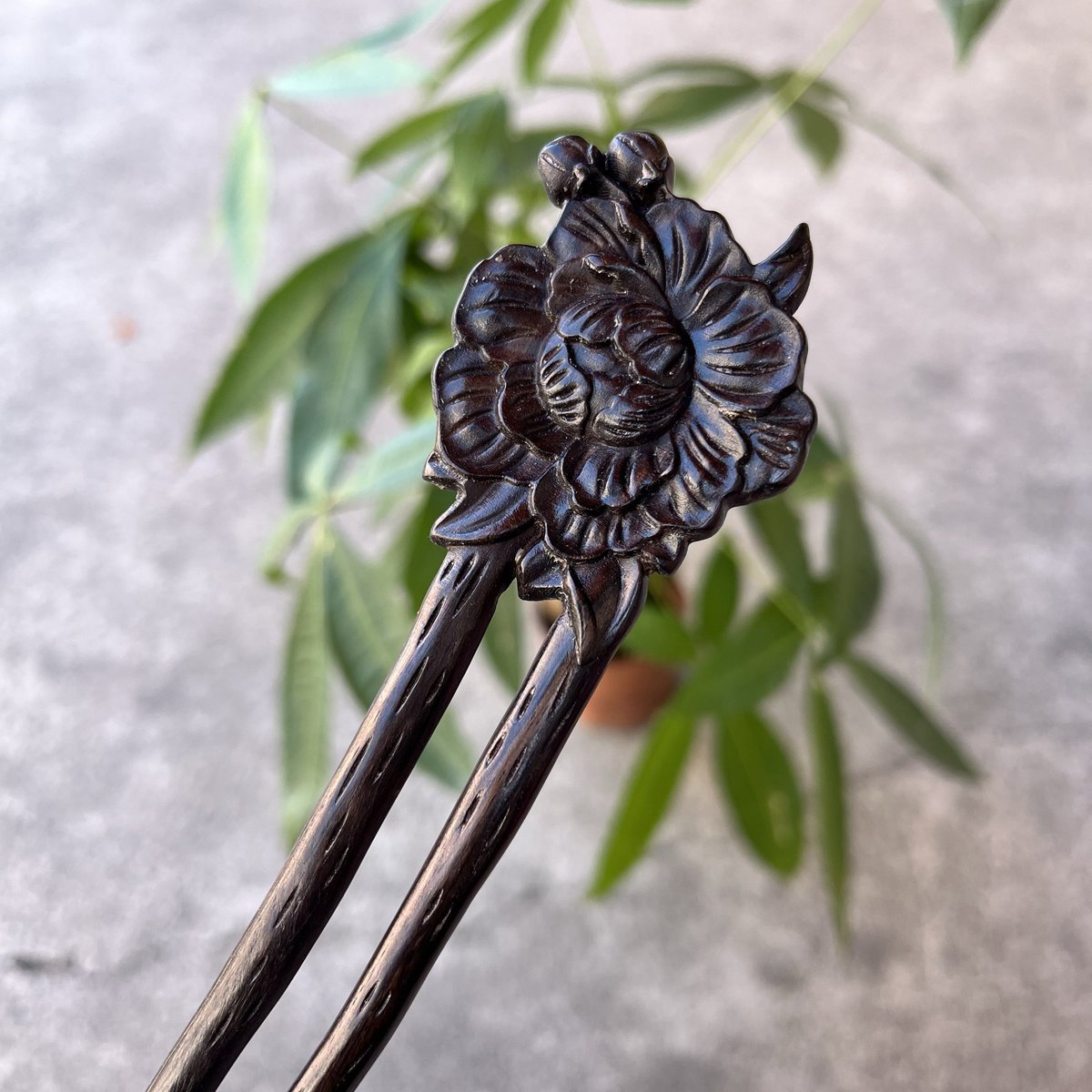 Natural Wooden Hair Stick Set - 17cm U Shape Peony Hairpin (富贵牡丹)
