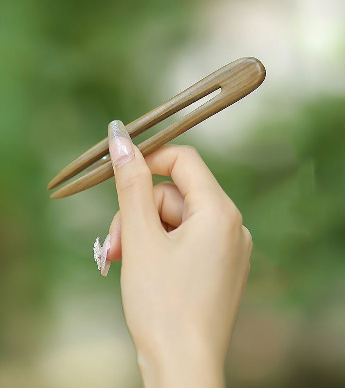 Ebony & Green Sandalwood Hair Stick – 13cm Handmade U-shaped Wooden Hair Pin for Women | Natural Fragrant Finish