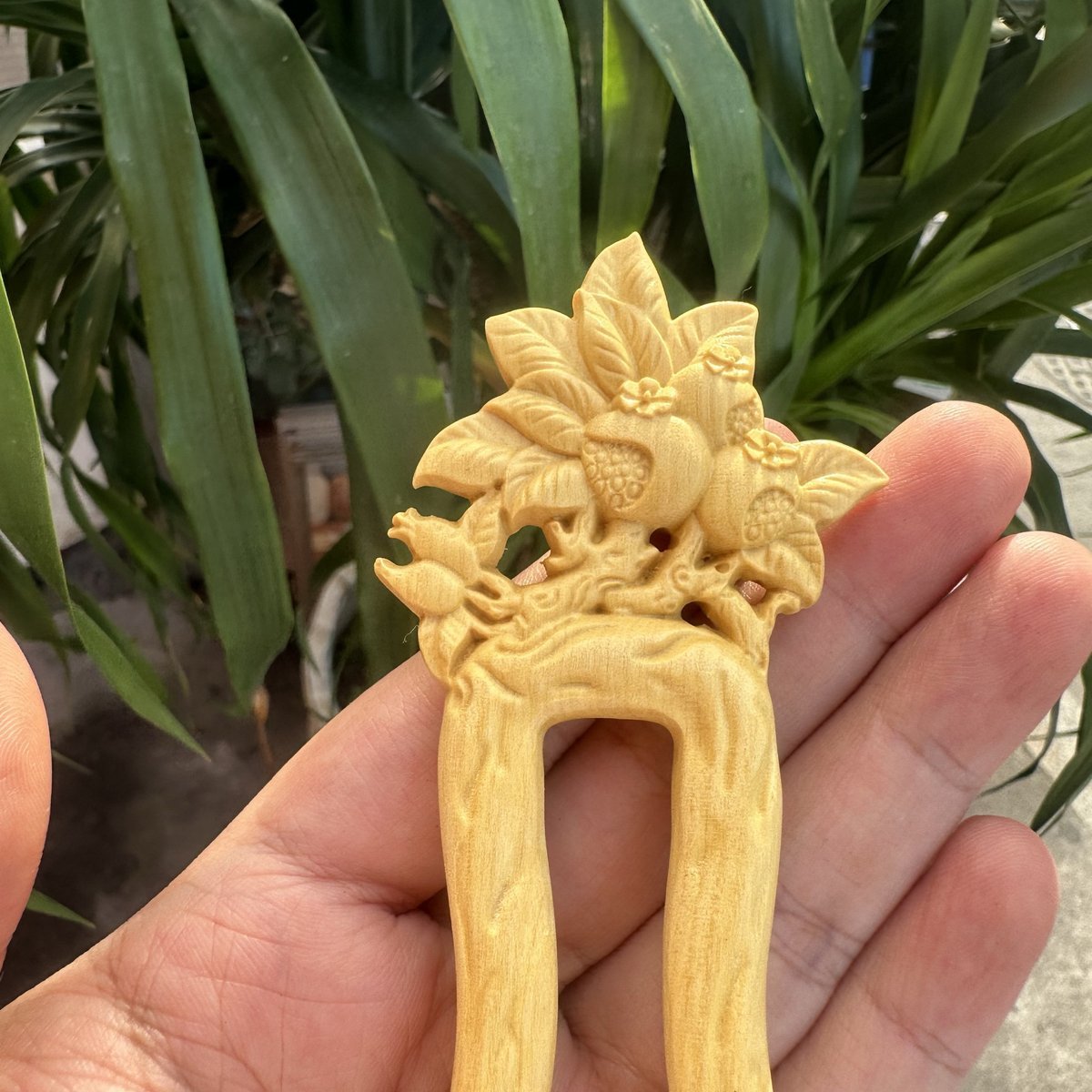 Natural Wooden Hair Stick Set - 17cm U Shape Pomegranate Hairpin (石榴花U簪)