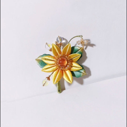 Handmade Chanhua Sunflower Brooch - Crystal & Moonstone Accents