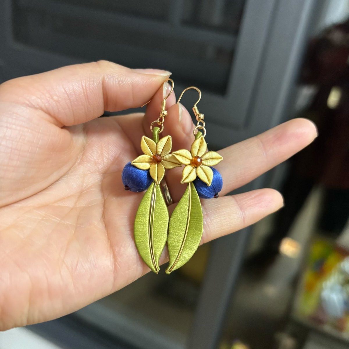 Handmade Chanhua Blueberry Earrings - Blue and Gold Flower Drop Earrings