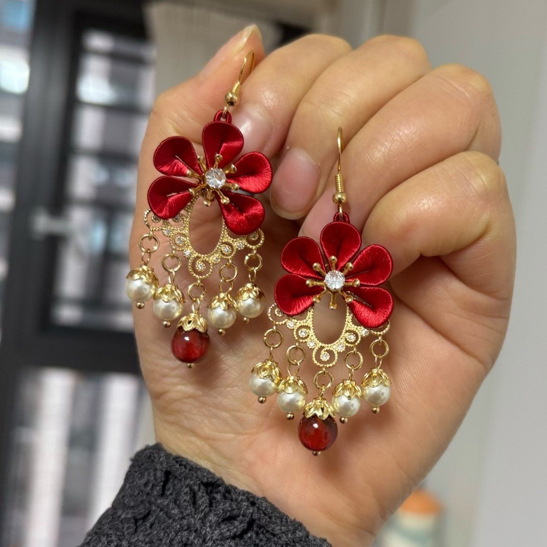Handmade Chanhua Red Flower Drop Earrings - Gold Filigree with Pearl & Stone