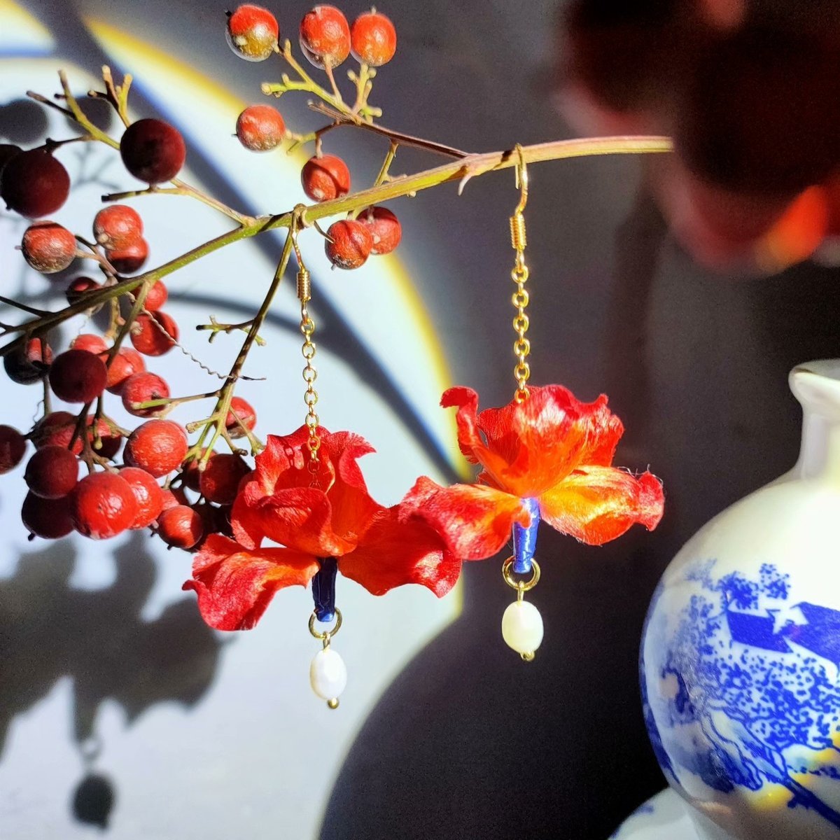 Handmade Red Iris Ronghua Earrings - Artisanal Silk Floral Jewelry