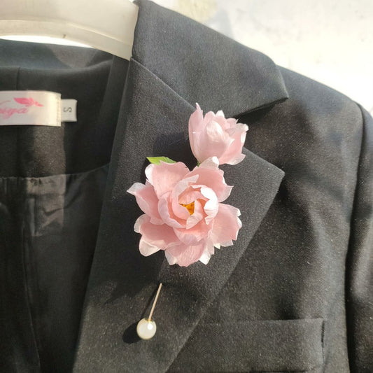 3D silk velvet flower pin depicting a blooming pink peony made with traditional artisanal Ronghua techniques.