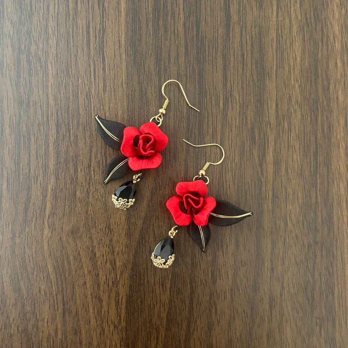 Handmade Chanhua Thread-Wrapped Dark Night Rose Earrings - Gothic Floral Dangles