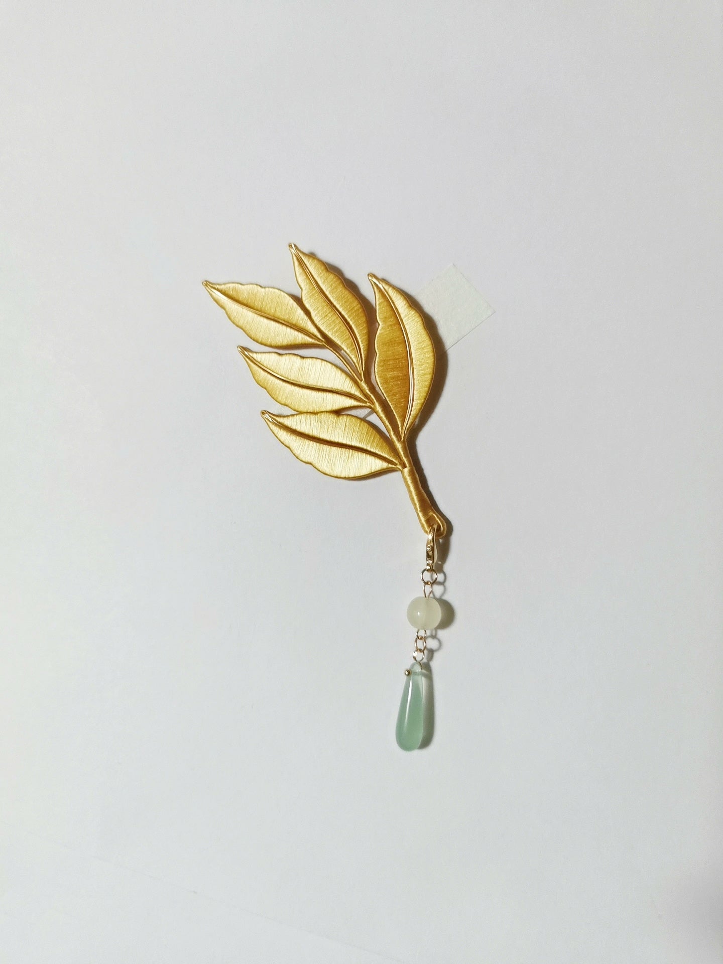 Handmade Chanhua Green Leaf Brooch - Gold Edge with Jade Drop