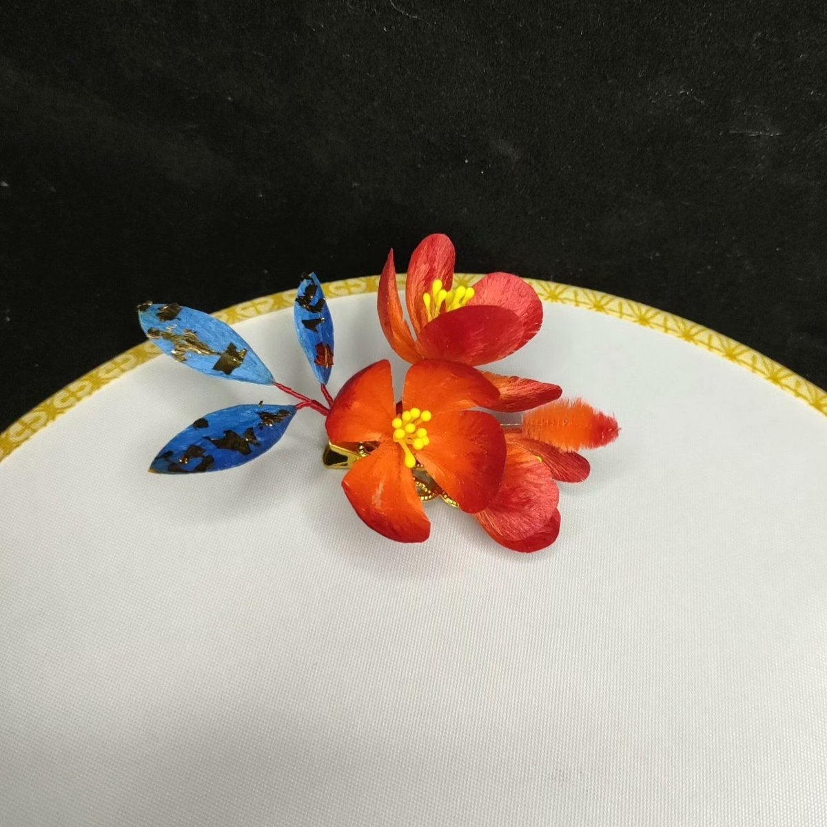 Handmade Red Floral Ronghua Hair Clip - Artisanal Silk Headpiece