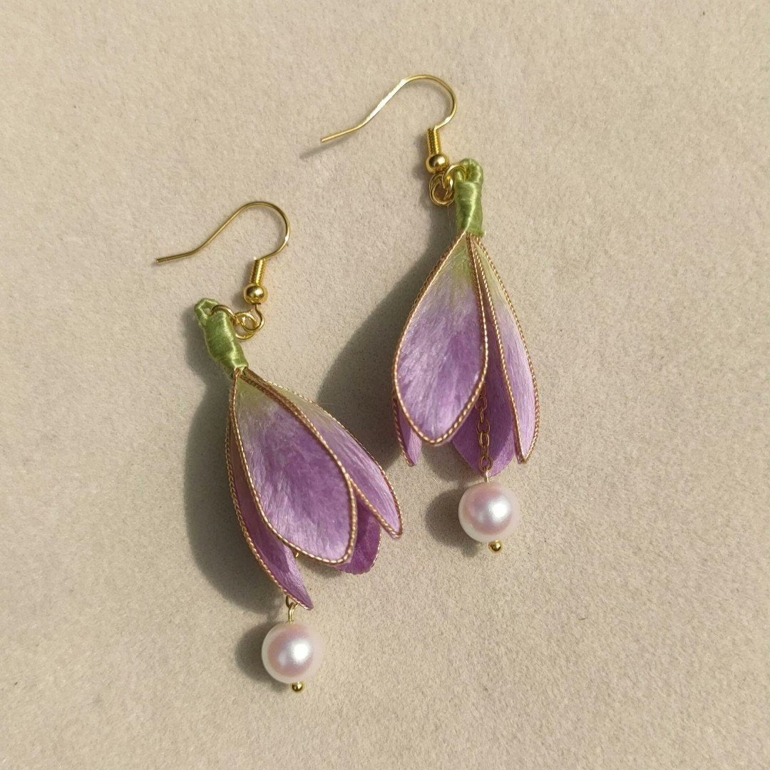 Handmade Magnolia Ronghua Earrings - Artisanal Silk Floral Dangle Earrings
