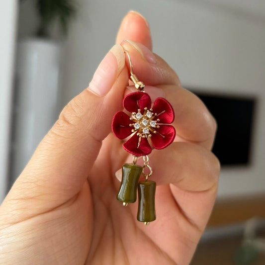 Handmade Chanhua Red Plum Blossom Earrings - Red Flower Drop Earrings