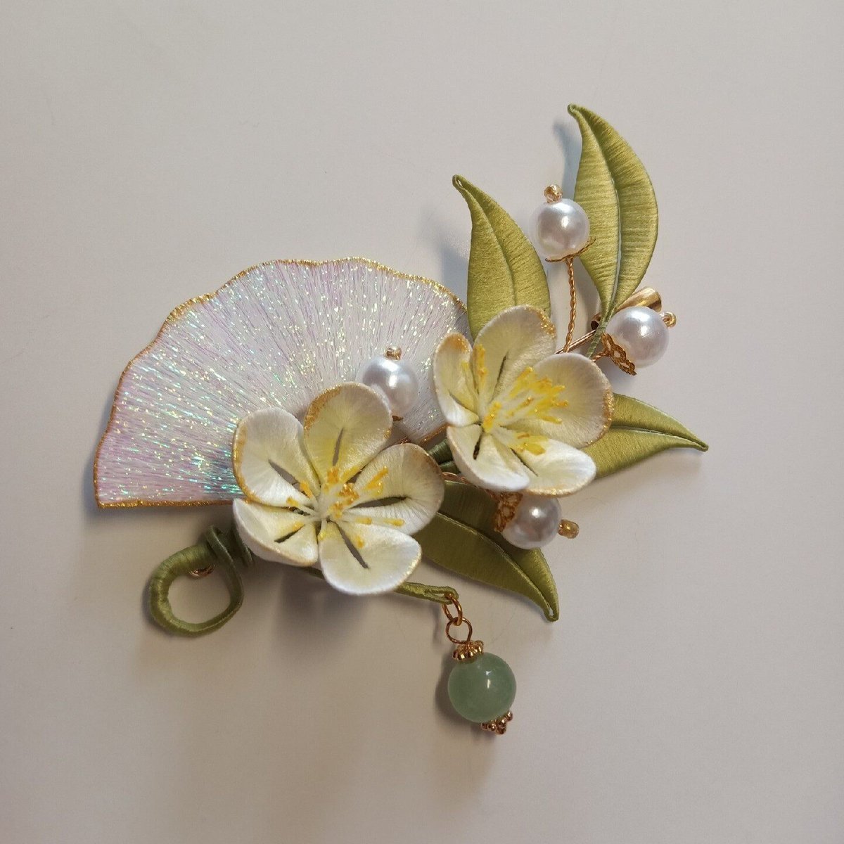 Handmade Thread-Wrapped Folding Fan & Floral Brooch - Artisanal Chanhua Elegant Botanical Pin