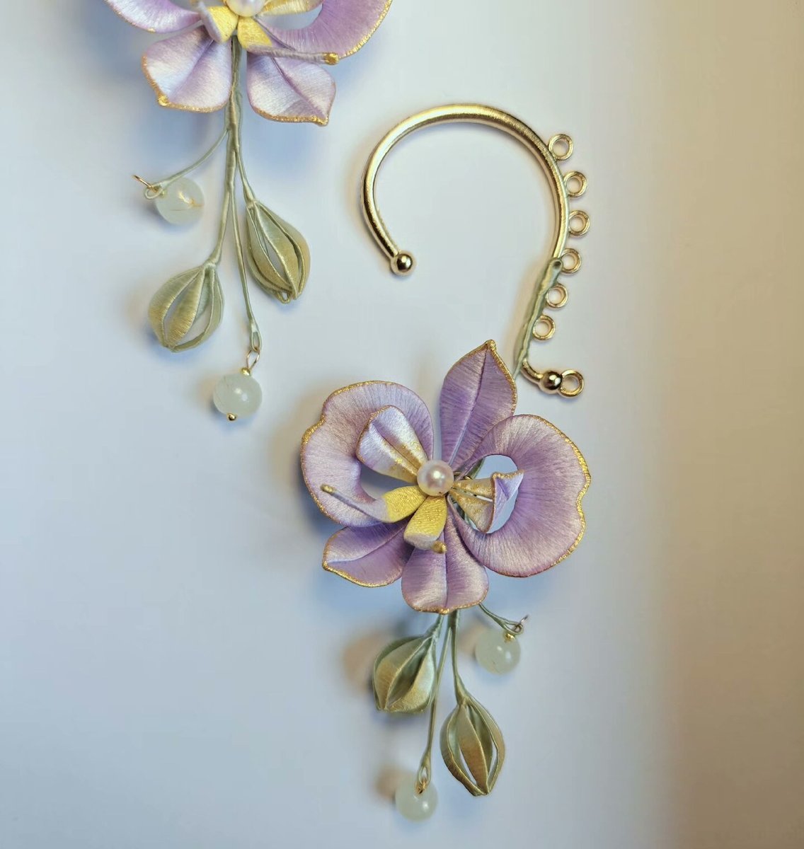 Handmade Thread-Wrapped Moth Orchid Ear Cuffs - Artisanal Chanhua Phalaenopsis Ear Jewelry