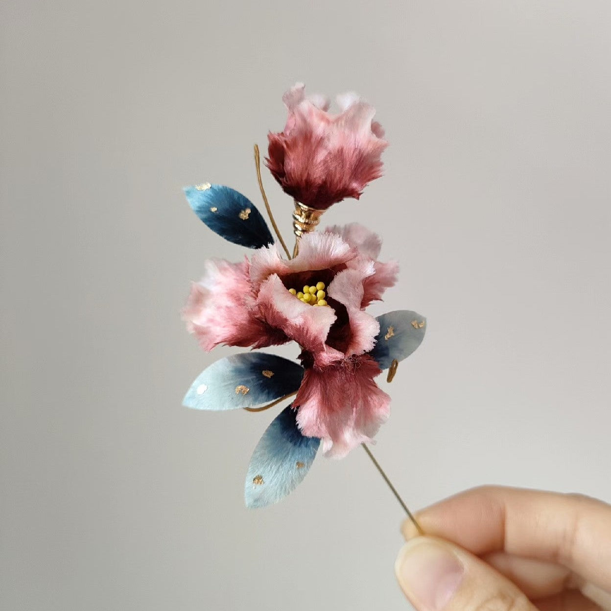 Handmade Ronghua Iris Brooch - Pink & Teal with Gold Detail