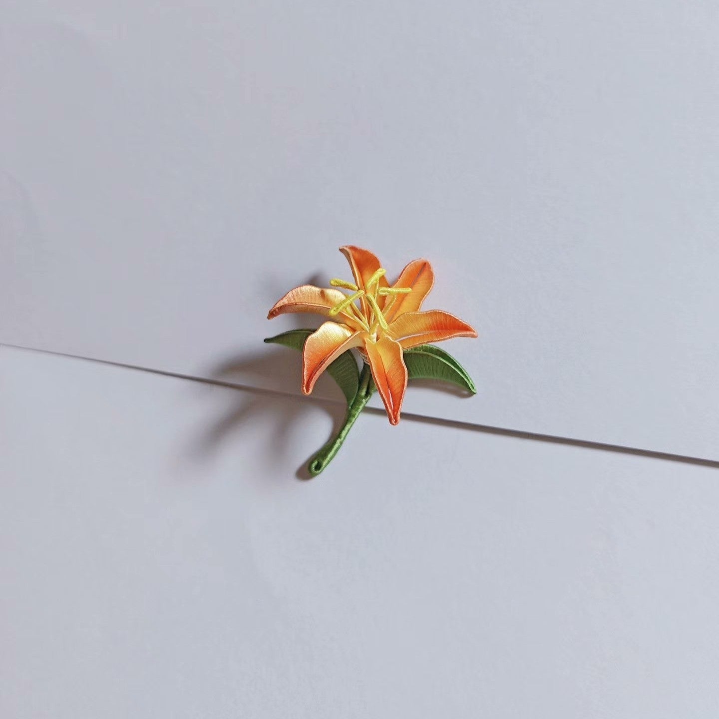 Handmade Chanhua Lily Brooch - Yellow Stamens & Green Leaves