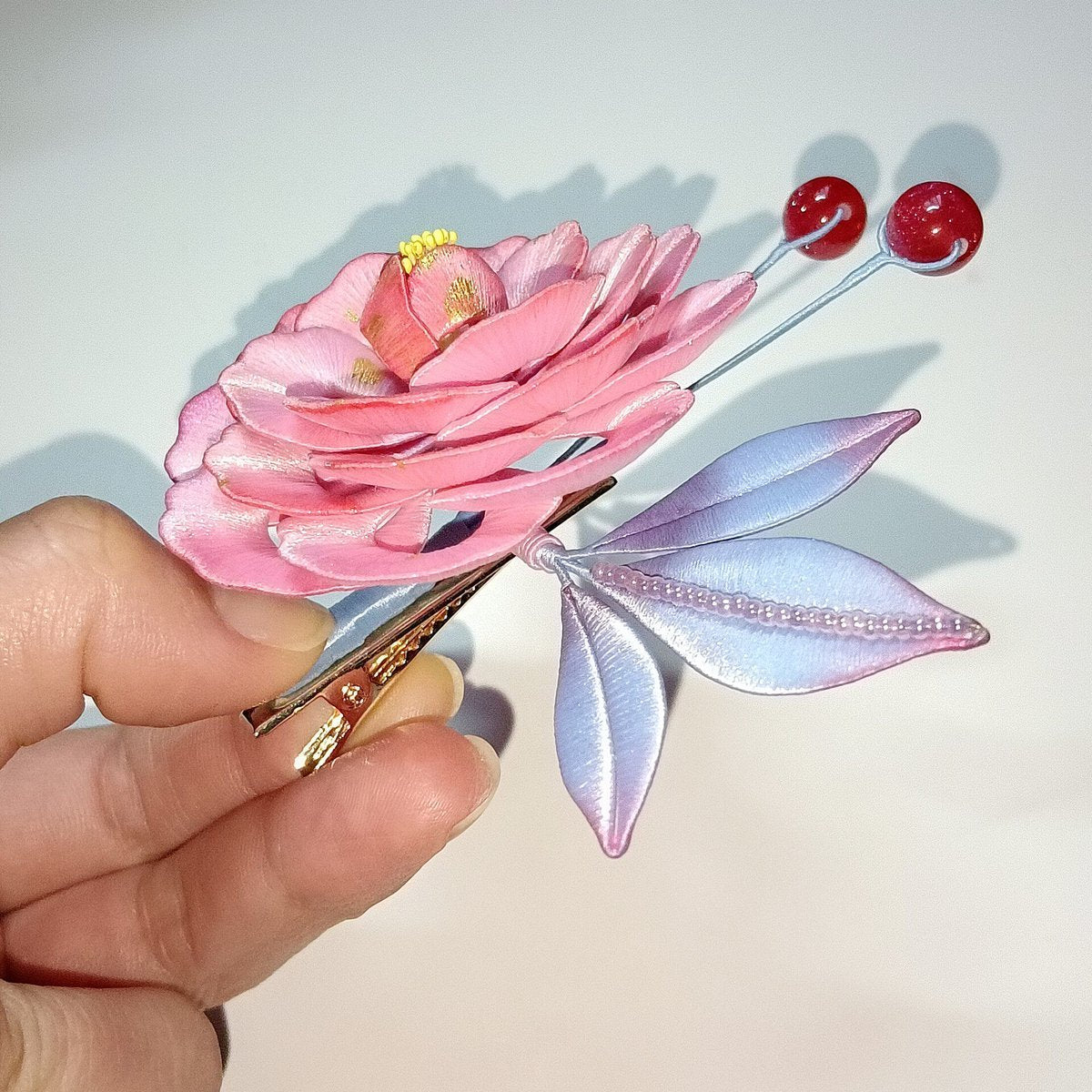 Handmade Chanhua Thread-Wrapped Peony Hairpin - Pink and Blue Floral Accessory
