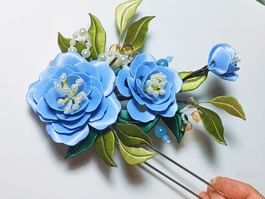 Blue Peony Bespoke Hairpin - Silk Hairpin(Chanhua)