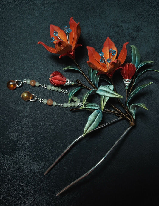 Red Flower Bespoke Hairpin - Silk Hairpin(Chanhua)