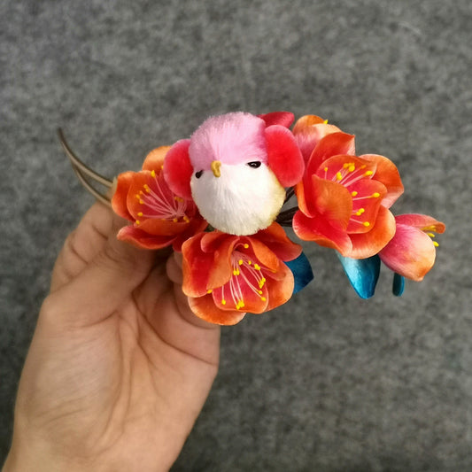 Red Bird And Flowers Bespoke Hairpin - Silk Hairpin(Ronghua)