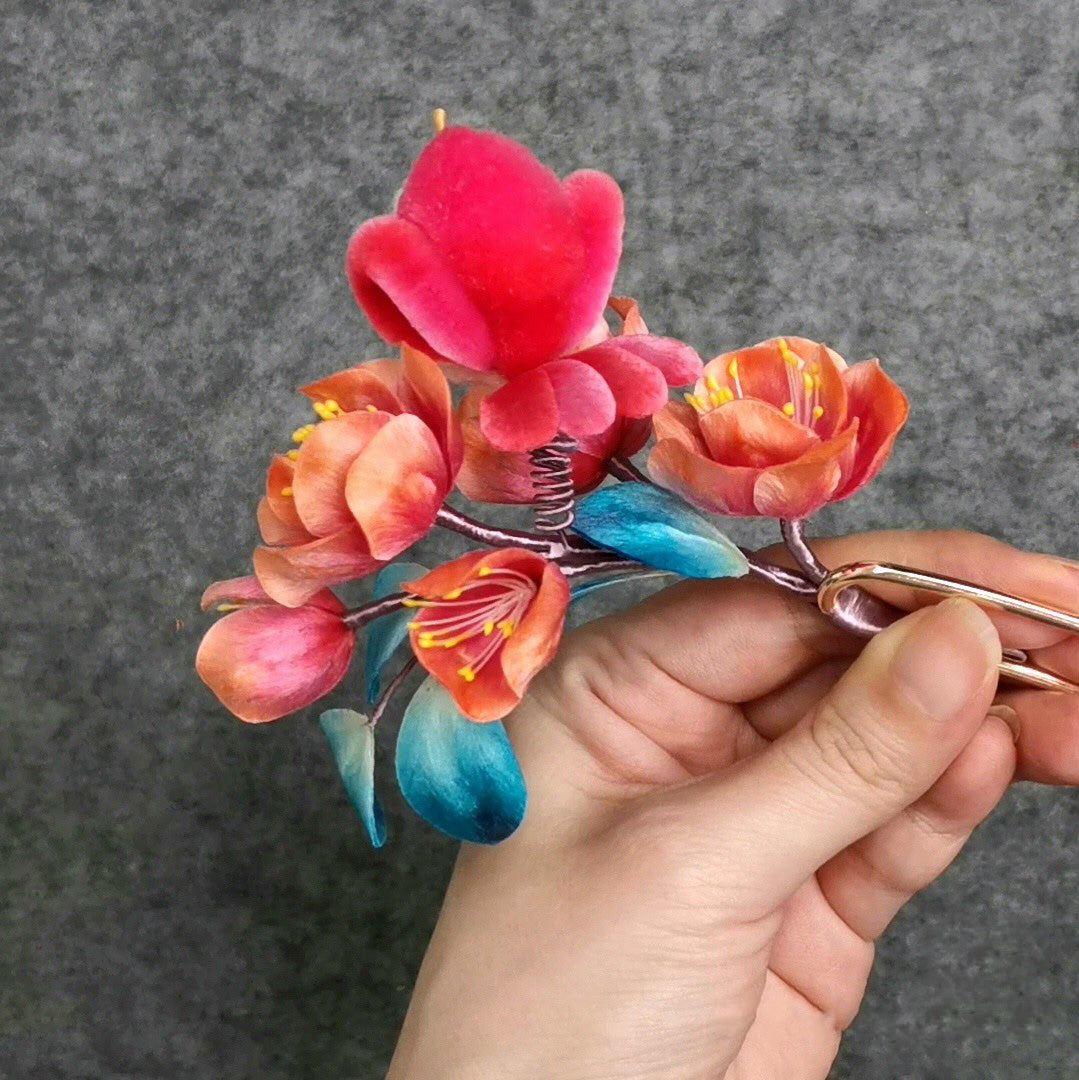 Red Bird And Flowers Bespoke Hairpin - Silk Hairpin(Ronghua)