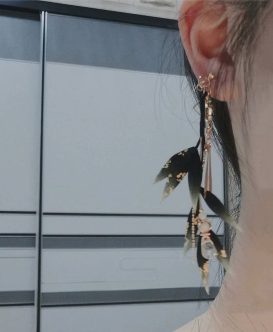 Black Leaves Bespoke Earrings - Silk Earrings(Ronghua)