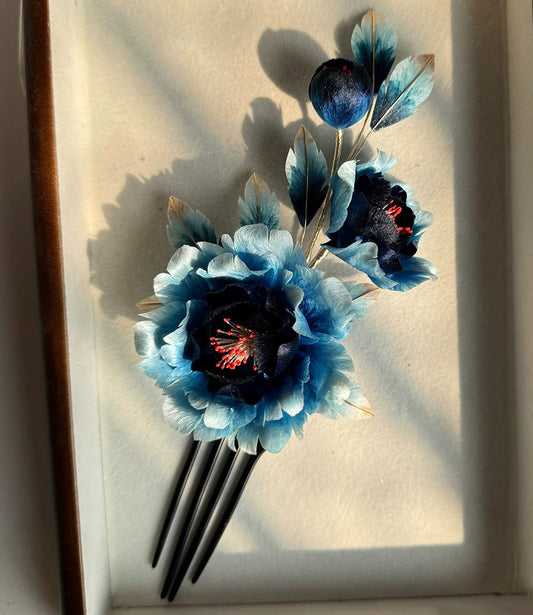 Black And Blue Peony Bespoke Hairpin - Silk Hairpin(Ronghua)
