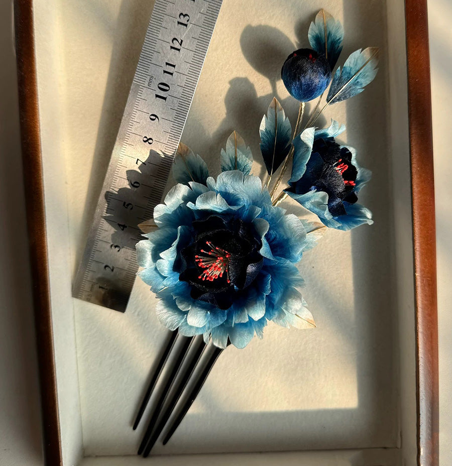 Black And Blue Peony Bespoke Hairpin - Silk Hairpin(Ronghua)