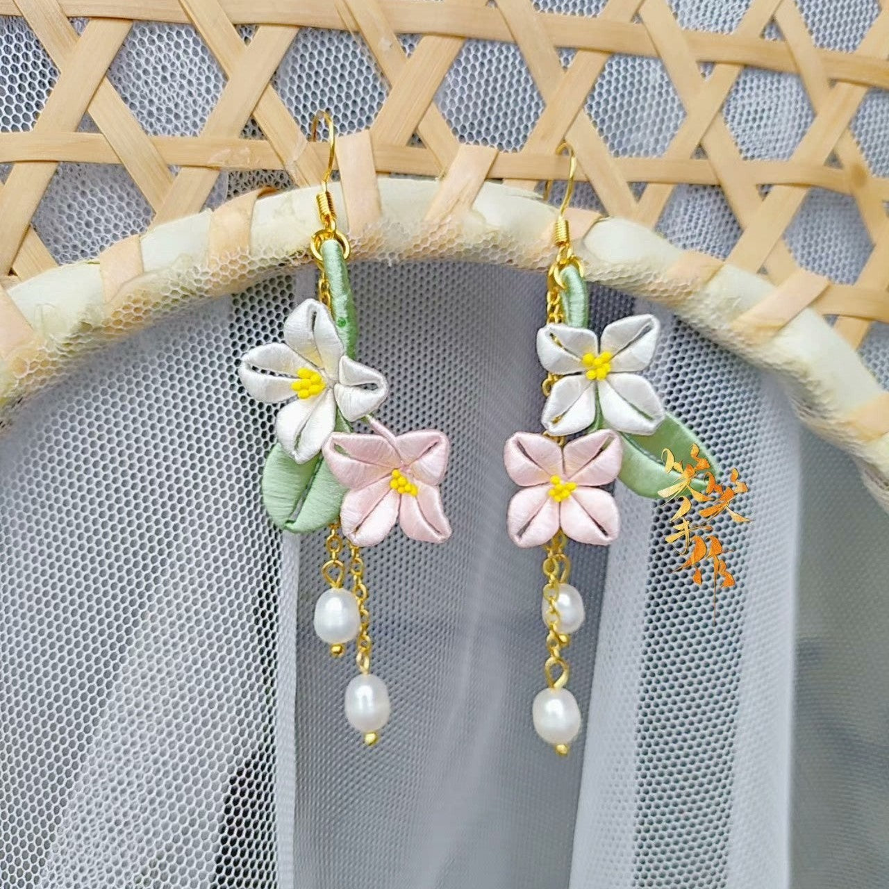 Handcrafted Chanhua Flower & Pearl Dangle Earrings - 925 Silver Hooks