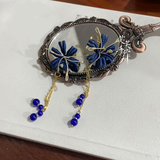 Blue Handmade Chanhua Earrings featuring Dainty Beads and 925 Sterling Silver Hooks