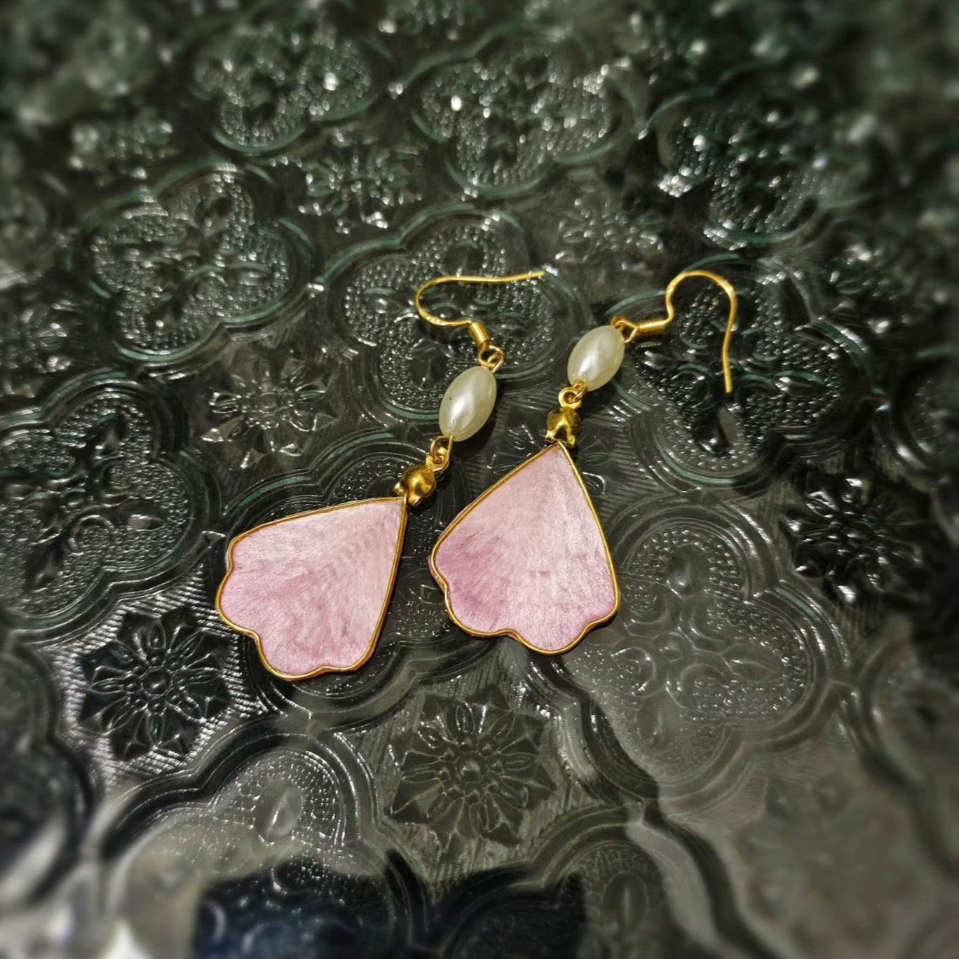 Handmade Silk Ronghua Petal Dangle Earrings with Pearl Accent