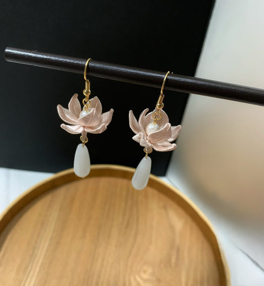 Handmade Chanhua lotus flower earrings in pink thread petals with pearl and teardrop pendant, dangling floral drop earrings