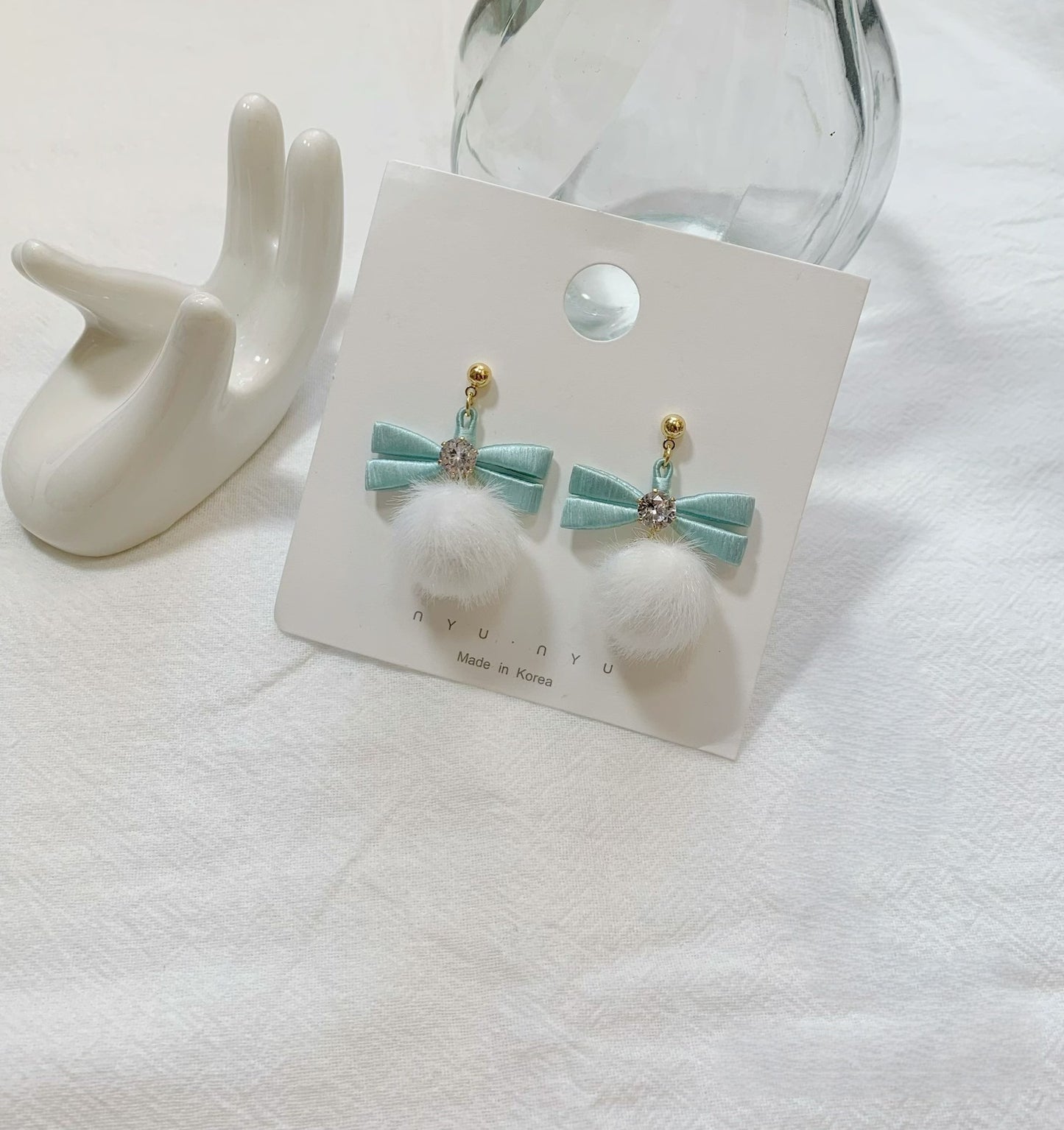 Handmade Chanhua Bow with Pom Pom Earrings - Thread Bow Drop Earrings