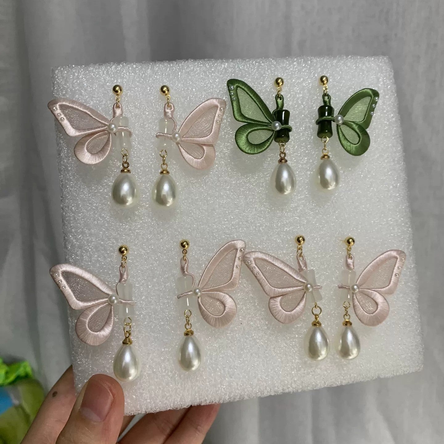 Handmade Chanhua Butterfly Stud Earrings - Thread Butterfly Pearl Drop Earrings