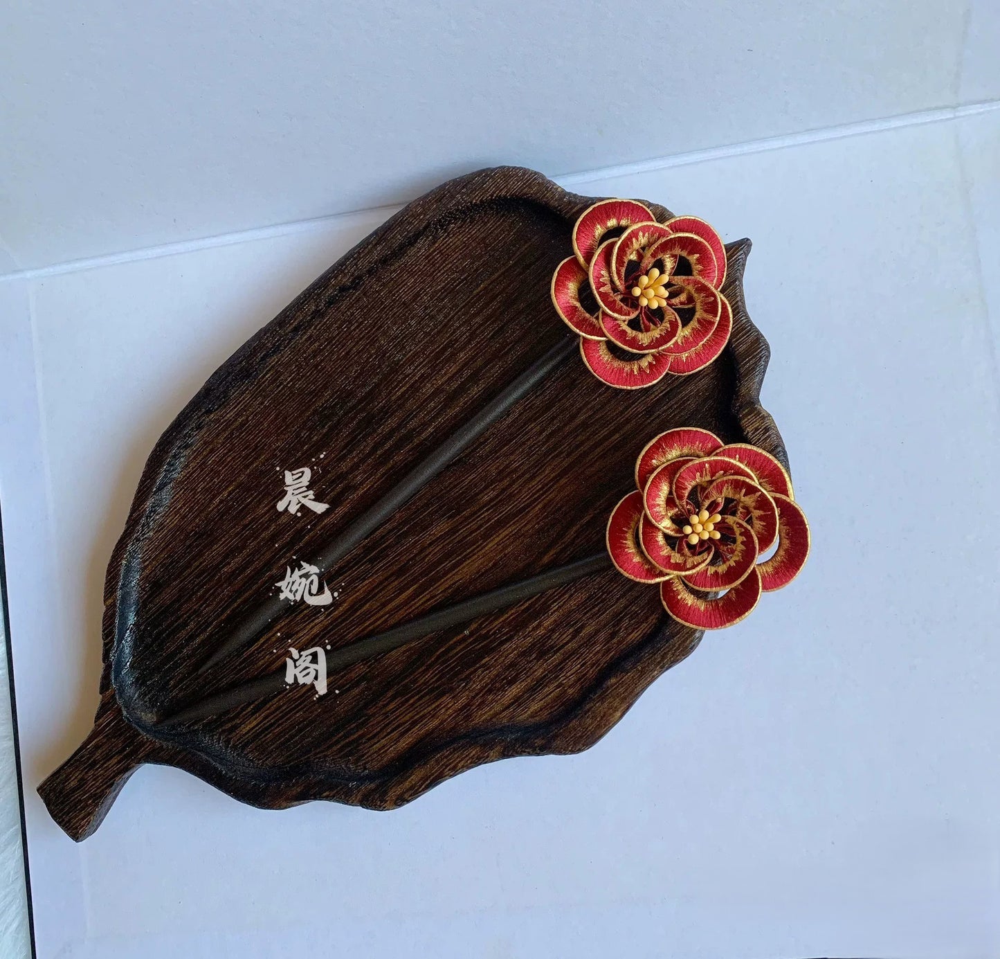 Handmade Chanhua Camellia Hairpin - Gold Edge Flower