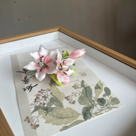 Handcrafted pink and white Mulberry Silk Ronghua Lily hair pin displayed on decorative paper, showing the intricate detail of the flowers and bud.