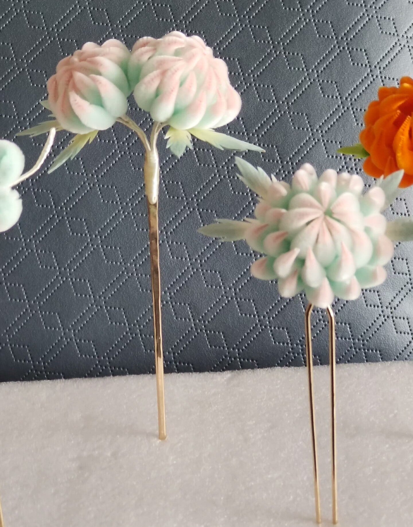 Handmade Ronghua Coral Pink Chrysanthemum Hairpin Set | Mulberry Silk Velvet Flower Single + Double Head U-Pin