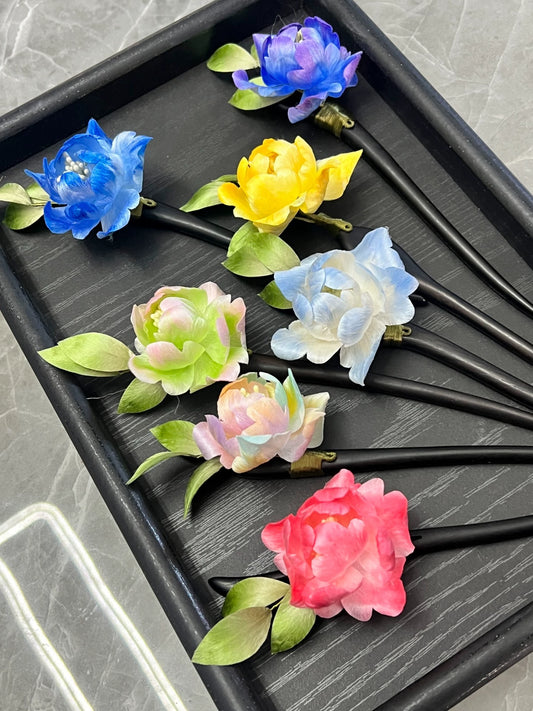 Handmade Ronghua Peony Hairpin | Single Mulberry Silk Velvet Flower Wooden Headwear for Bridal & Daily